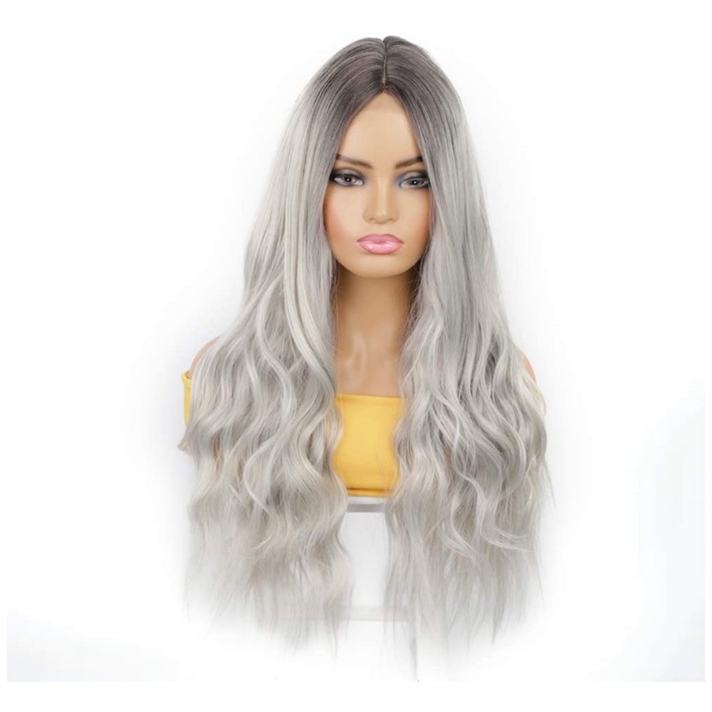 26” Dark Roots Ombre Gray Curly Synthetic Wig - Picture 4 of 6